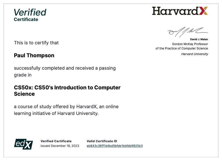 edX verified certificate CS50x